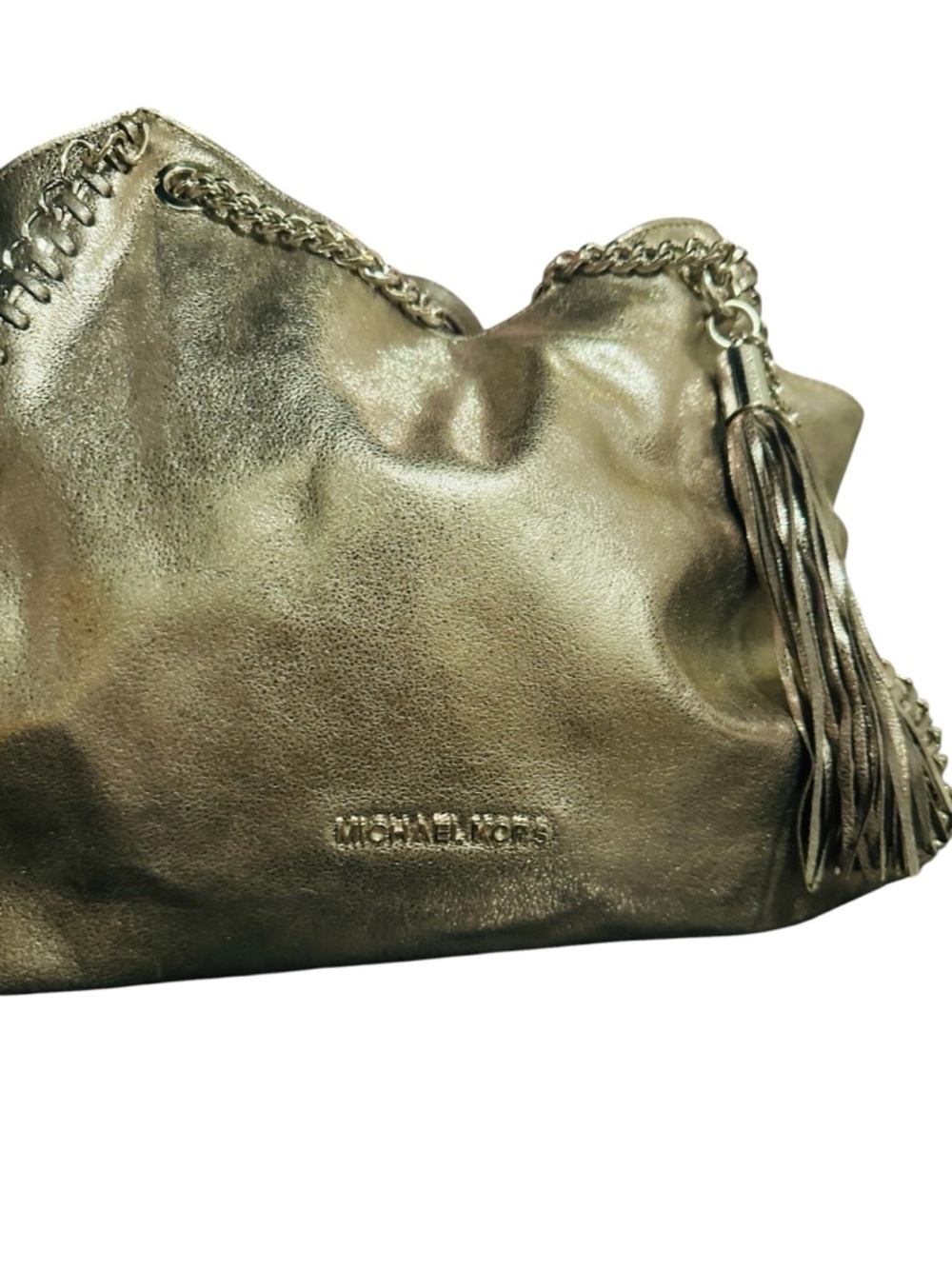 Michael Kors Metallic Silver Leather Shoulder Tote with Tassel - Picture 7 of 17